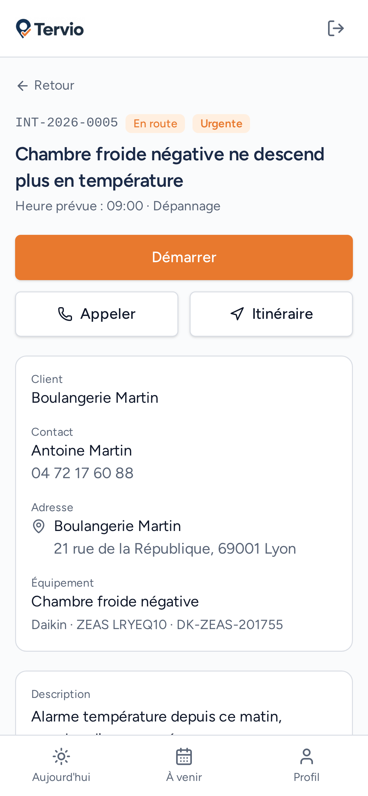 Fiche d’intervention Tervio sur le téléphone d’un technicien
